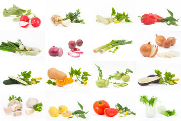 Composition of various vegetables on white background. Set of different vegetables. Healthy food concept.