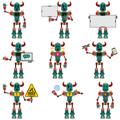 A cute mascot green robot with different poses collection 04. Flat design style.