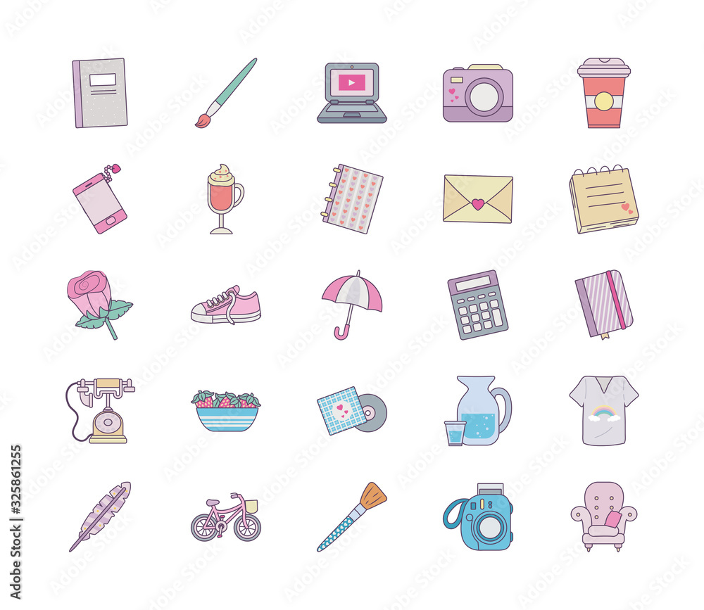 Poster isolated cute objects line and fill style icon set vector design