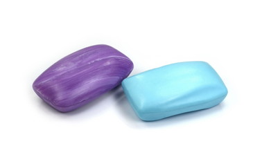 Bar Of blue and pink Soap, Isolated. Two Soap bar isolated on the white background.