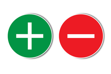 Fototapeta premium Positive negative plus minus assessment red green buttons with shadow. Simple concept pros cons list, advantages disadvantages in business planning. Vector illustration.