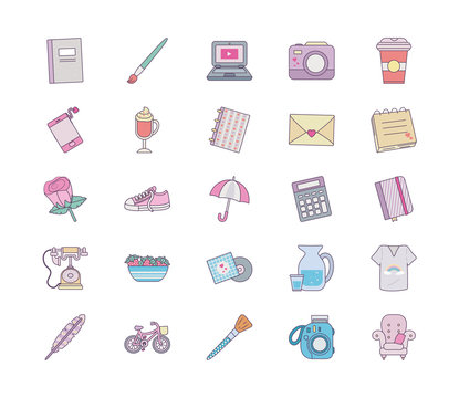 Isolated cute objects line and fill style icon set vector design