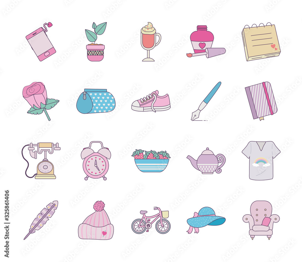Poster isolated cute objects line and fill style icon set vector design