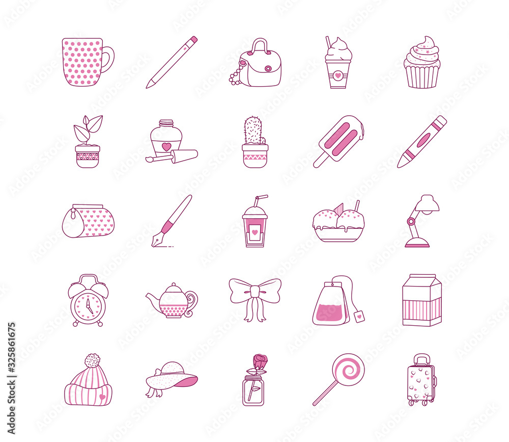 Poster isolated cute objects half line half color style icon set vector design