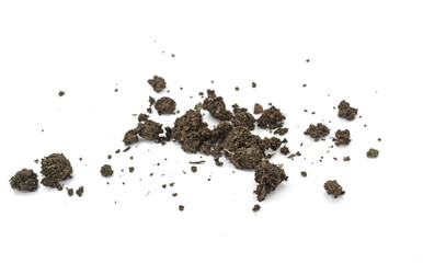 Organic soil isolated on white background. Dirty earth on white background. Natural soil texture....