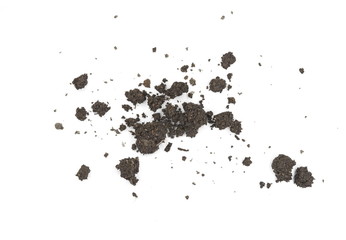 Organic soil isolated on white background. Dirty earth on white background. Natural soil texture. Patch of soil or mud.