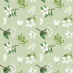Seamless pattern with hand drawn and lemon (lime) flowers on a green background
