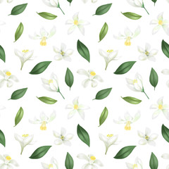 Seamless pattern with hand drawn and lemon flowers on a white background