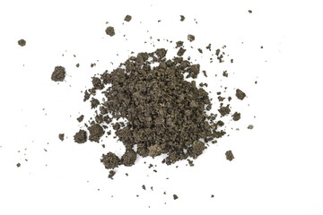 Organic soil isolated on white background. Dirty earth on white background. Natural soil texture. Patch of soil or mud.