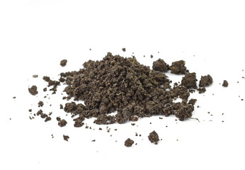 Organic soil isolated on white background. Dirty earth on white background. Natural soil texture. Patch of soil or mud.