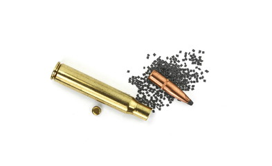 A rifle bullet with gun powder isolated