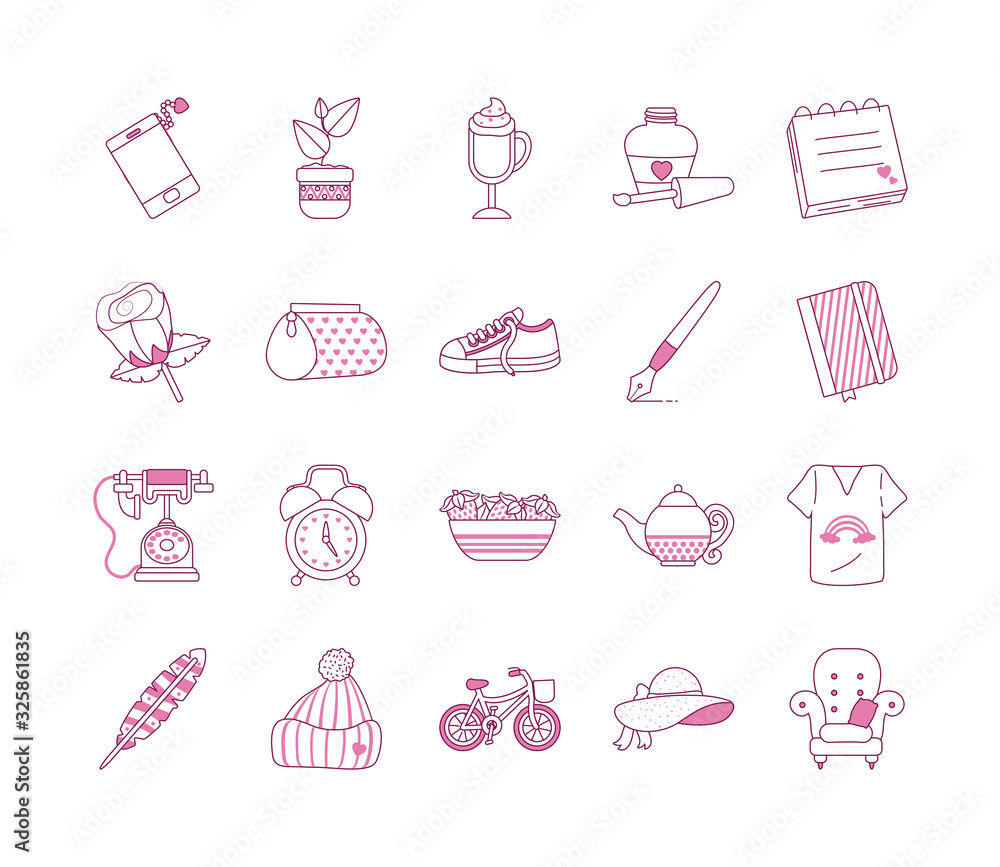 Poster isolated cute objects half line half color style icon set vector design