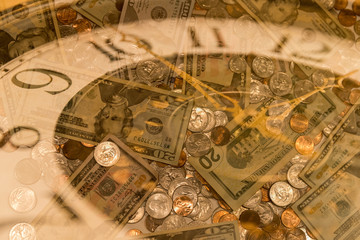 A clock double exposed over a pile of money demonstrating time is money.