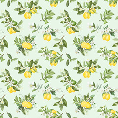 Seamless pattern with hand drawn blooming lemon tree branches on a blue background