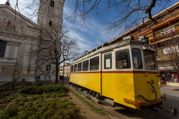 Old tram in Pecs, Hungary.