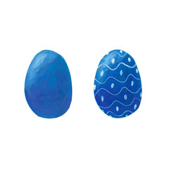 Set of two colored pantone blue eggs with white ornament isolated on white background. Watercolor gouache