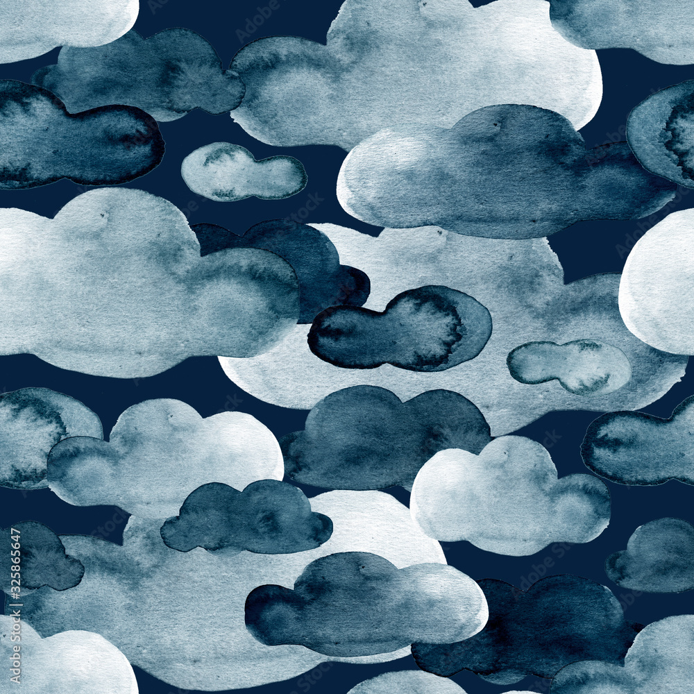 Wall mural Painted dark blue night sky clouds watercolor illustration set