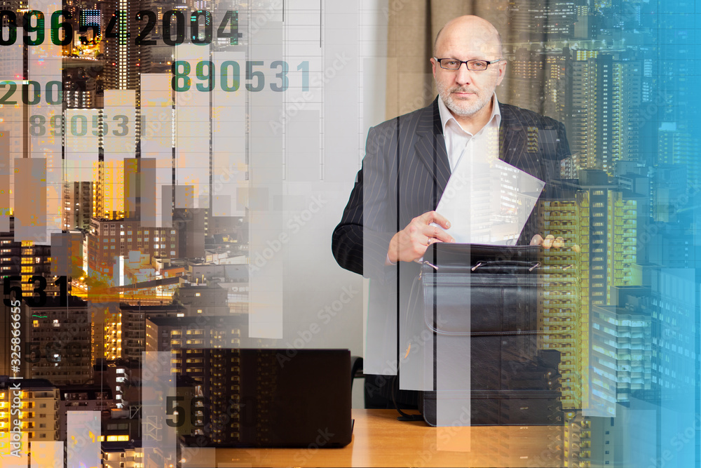 Poster a man in a suit on the background of the city, numbers and graphs. concept of exchange transactions.