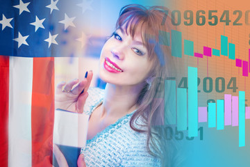 Happy girl on the background of the American flag and quotes. Work on the new York stock exchange. Successful transactions with securities. Acquisition of income. Securities market. Foreign currency.