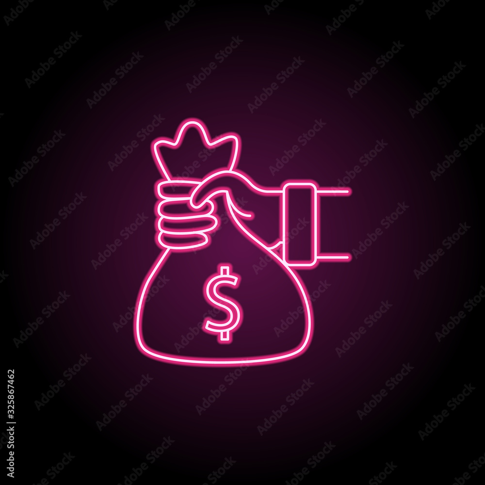 Poster hand holds a bag of money icon. simple thin line, outline vector of banking icons for ui and ux, web