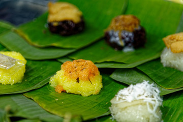 Sticky rice on banana leaf - thai street food