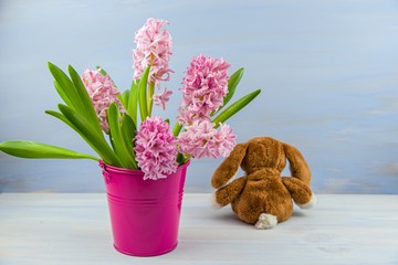 easter rabbit. background of spring. bouquet of hyacinths