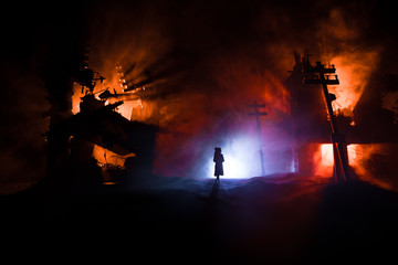 Two homeless little girl walking in destroyed city, soldiers and helicopters and tanks are still attacking the city