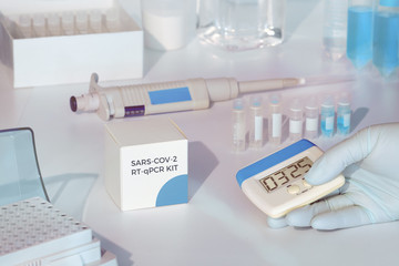 Fototapeta na wymiar SARS-COV-2 pcr diagnostics kit. This is RT-PCR kit to detect presence of 2019-nCoV virus causing Covid-19 disease presence in patient samples. Test system based on real-time qPCR technology.