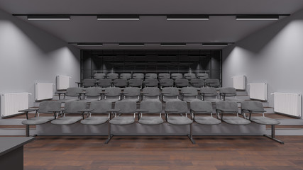 Front View of the Seats Inside an Illuminated Lecture Room 3D Rendering