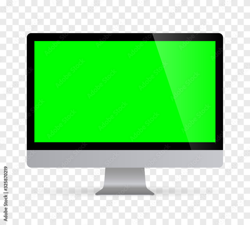 Poster realistic desktop computer monitor with green screen and checkerboard background. illustration vecto