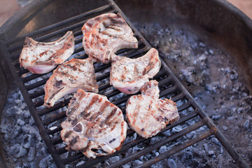 Close-up delicious grilled beef steaks with rib. Camping near the fire. Meat dish. Grill wire mesh. Healthy way of life, travel. Cooking, restaurant business concept. Anti vegan meat. Copy space.