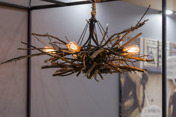 Pendant lamp, chandelier with Edison bulb, lamp made of real branches and wooden sticks, natural...