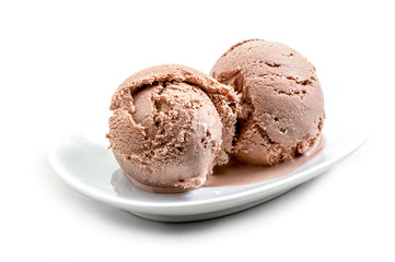 two chocolate ice cream scoops close-up with porcelain saucer isolated on white background 