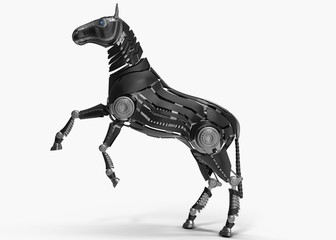 Black mechanical horse in movement on white background. 3D rendering © Sergii