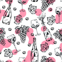 Wine, champagne , drink vector seamless pattern on white background. Concept for menu, wallpaper, wrapping paper, cards 