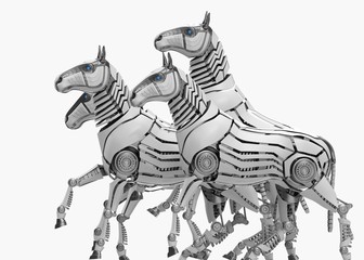 White mechanical horse in movement on white background. 3D rendering © Sergii
