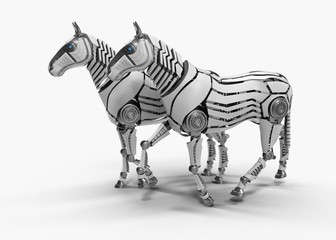 White mechanical horse in movement on white background. 3D rendering