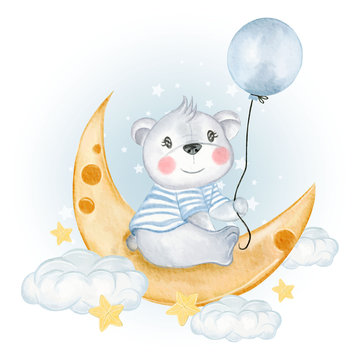 Baby Bear Holding Balloon On Moon Clouds