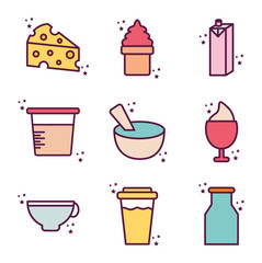 Isolated dairy line and fill style icon set vector design