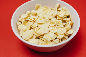 Closeup of a bowl with corn flakes