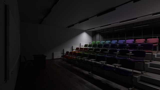 Dimly Lit Lecture Hall with Multi Colored Desks 3D Rendering