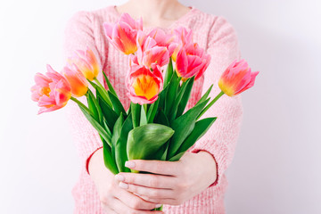Woman holding a spring bouquet of pink tulips in her hands. Bunch of fresh tulip flowers in female hands