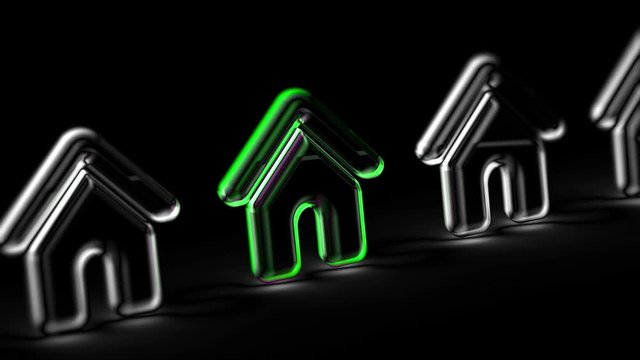 House icon in black background. Looping footage. 3D Illustration.