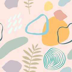 Modern vector illustration with falling leaves, splash, grunge textures, rough brush strokes, doodles. Creative abstract drawing seamless pattern with hand drawn shapes