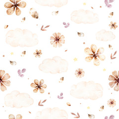Seamless floral pattern, spring summer backdrop. Hand drawn watercolor pattern design with flowers in garden and white cloud.
