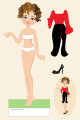 Illustration of a paper doll for playing or for collection with red and black spring dress