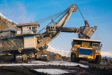 Loading coal into a truck with an excavator. Mine