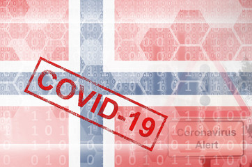 Norway flag and futuristic digital abstract composition with Covid-19 stamp. Coronavirus outbreak concept