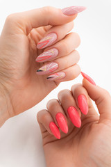 Beautiful Hands With Colorful Gel Nails On White Background