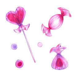 Candy set in a delicate pink, transparent package, drawn with markers and colored pencil. It is made in pastel colors, isolated on a white background. Packaging of sweets, illustration of books, menu.